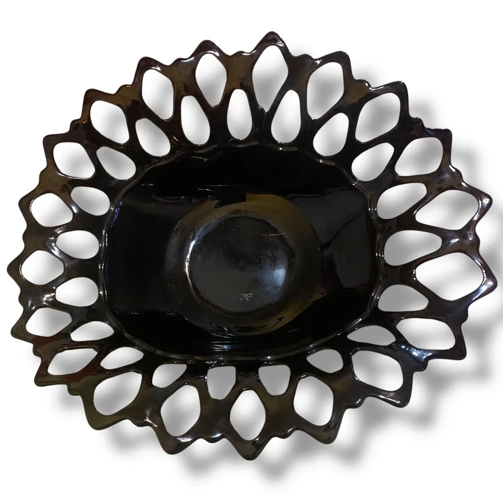 Vintage Black Amethyst Glass Lattice Edge Reticulated Oval Centerpiece Bowl 12in